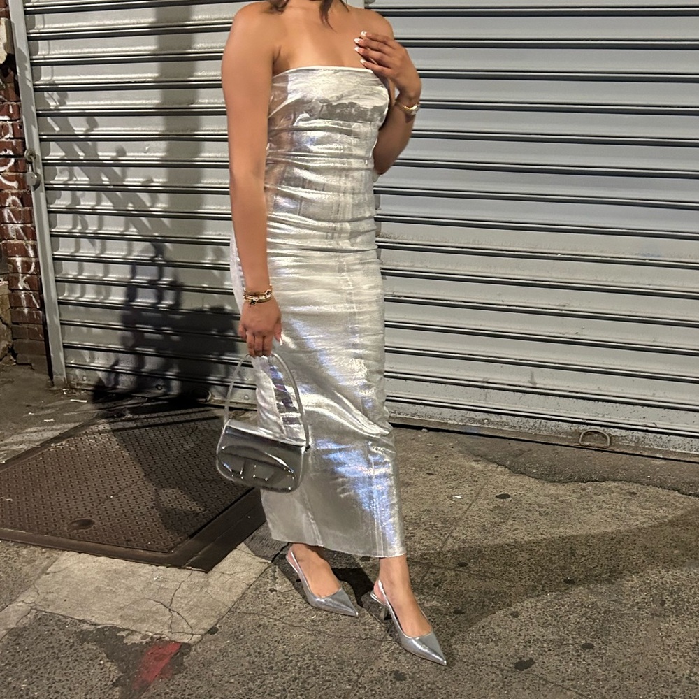 Metallic silver long denim dress